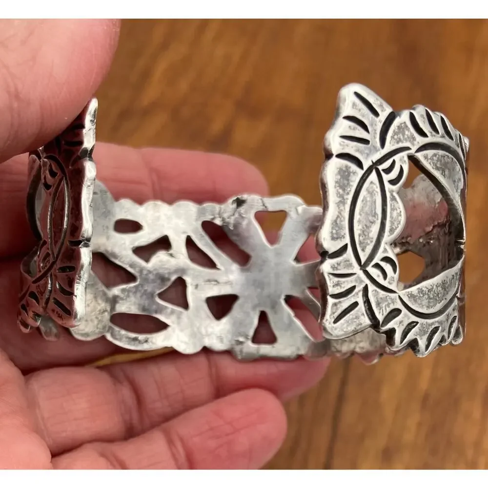 Vintage Mexico Silver Cuff Bracelet Wide Flower Cutout 50.91g Tested Silver 6.5